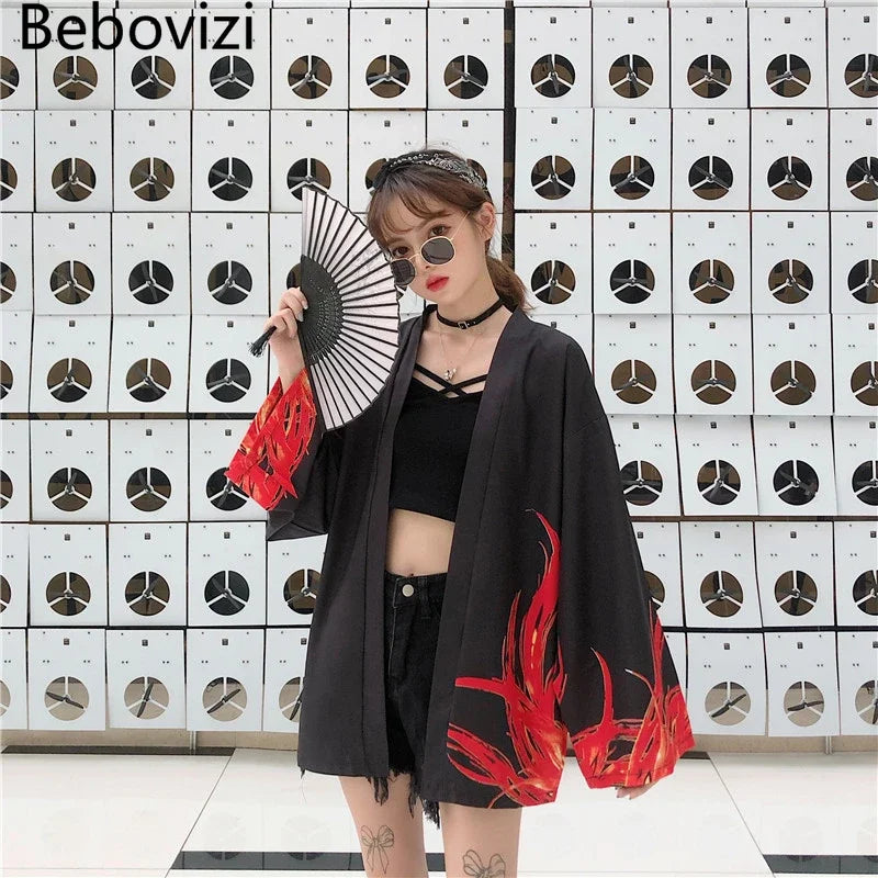 Bebovizi Japanese Style Flaming Phenix Print Cardigan Kimono Harajuku Women Men Sexy Yukata Female Streetwear Traditional Haori - Dhavinci