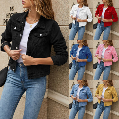 Women's Denim Jackets Fashion Female Casual Long Sleeve Lapel Solid Button Down Chest Pocket Slim Jean Jacket Fall Winter Coat - Dhavinci