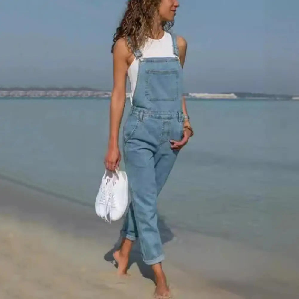 Denim Overalls with Pockets Stylish Plus Size Denim Jumpsuit with Adjustable Straps Side Pockets Women's Loose Backless for A - Dhavinci