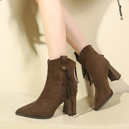 Vintage Fringe High Heels Ankle Boots for Women | Western Pointed Toe Winter Boots - Dhavinci