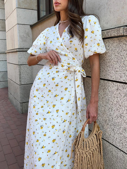 Casual Women's Summer Dresses 100% Cotton Floral Print A-line Midi Dress with Side Slits Long Elegant White Dress for Women 2024 - Dhavinci