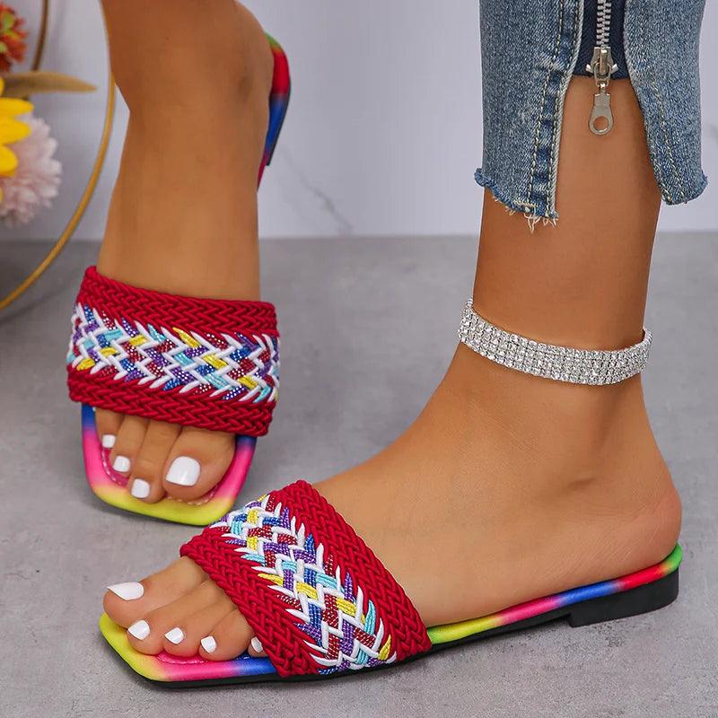 Mix Color Woven Flats | Women’s Bohemian Beach Slides - Dhavinci