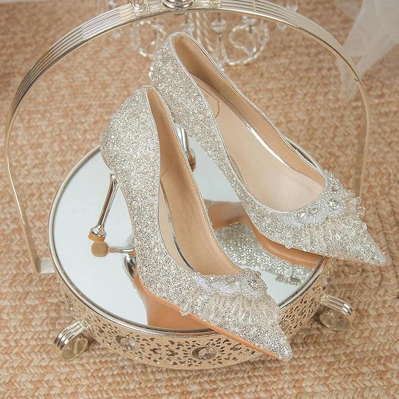 Luxury Crystal Tassels Bride Shoes - Pointed Toe Thin Heels Pumps - Dhavinci