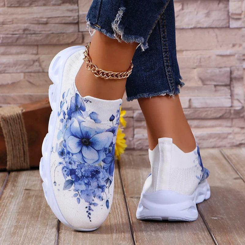 Flower Print Platform Sneakers for Women | Breathable Slip-On Shoes - Dhavinci