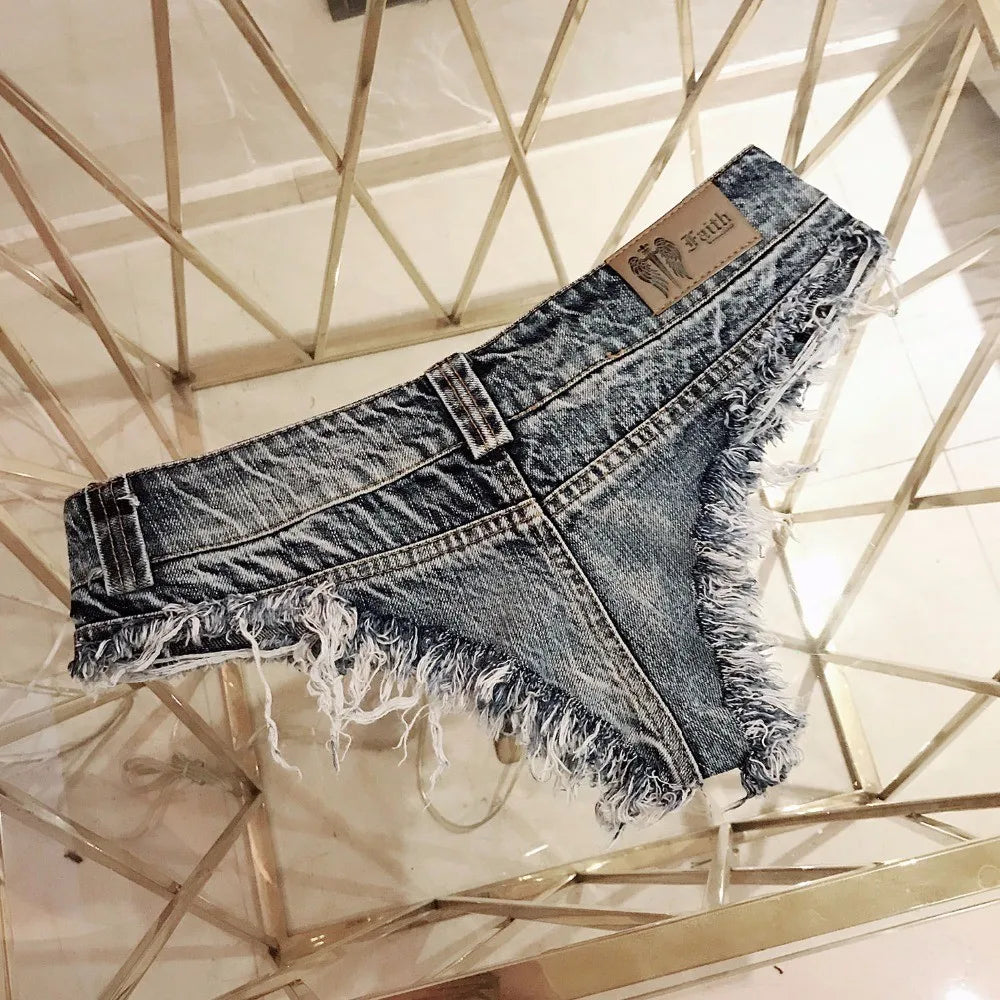 Qisin 2023 New Women Sexy Low Waist Hole Tassel Denim Shorts Jeans Thong Short Feminino - Dhavinci