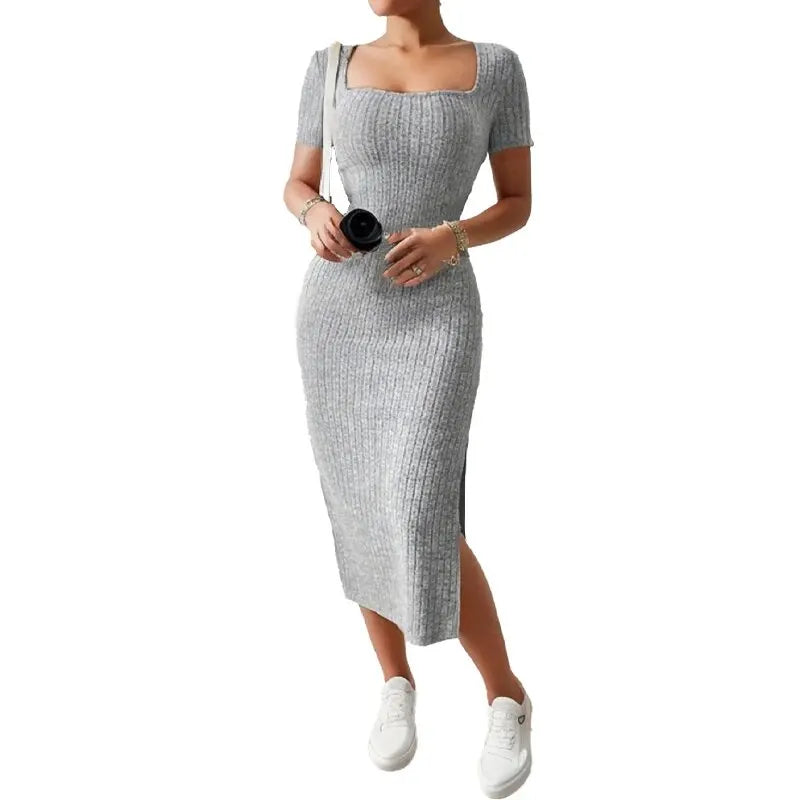 Summer Square Neck, Hip-Hugging Mid-Length Skirt, Short-Sleeved, Versatile Knitted Slit Dress - Dhavinci