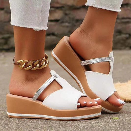 Peep Toe Wedge Slides for Women - Summer T-Strap High Heels - Dhavinci