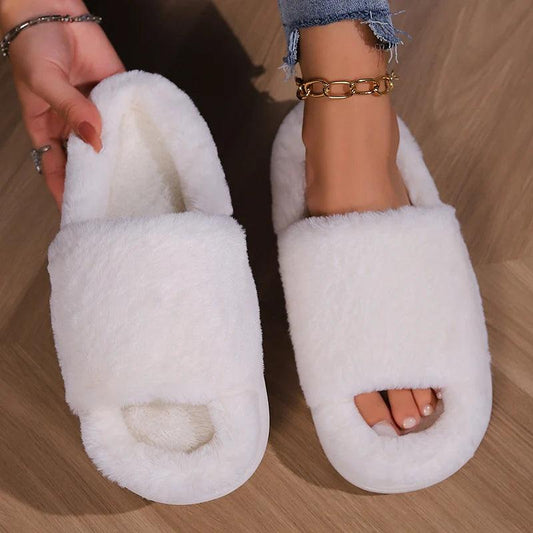 Winter Fur Slippers for Women | Plush Peep Toe Non-Slip Slides - Dhavinci