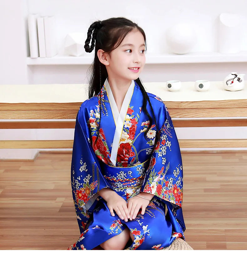 Classic Traditional Girls Kimono Gown Yukata with Obitage Japanese Bathrobe Print Flower Satin Cosplay Performance Clothing - Dhavinci