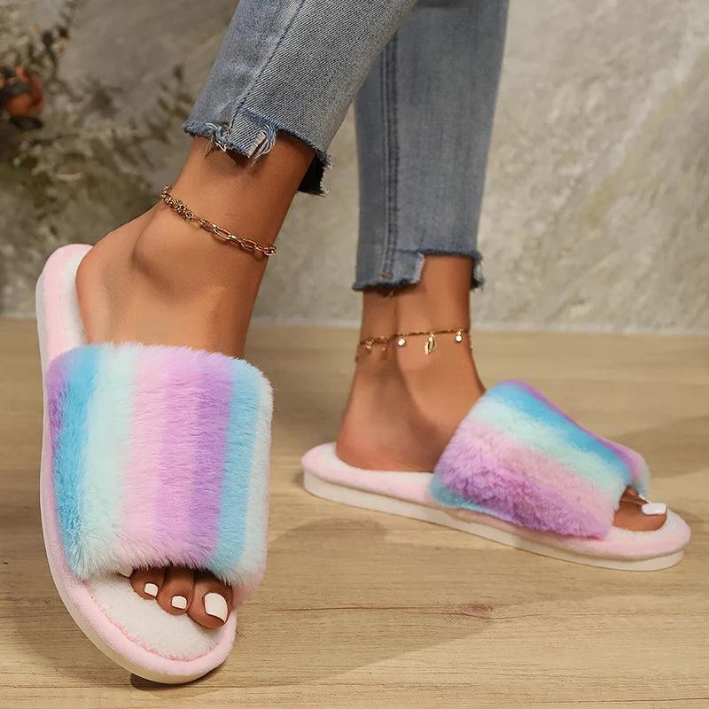 Mix Color Faux Fur Slippers for Women | Rainbow Plush House Shoes - Dhavinci