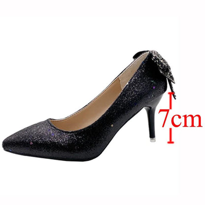 Shiny Bowknot Thin Heels Pumps for Women | Glitter Crystal Party Shoes - Dhavinci