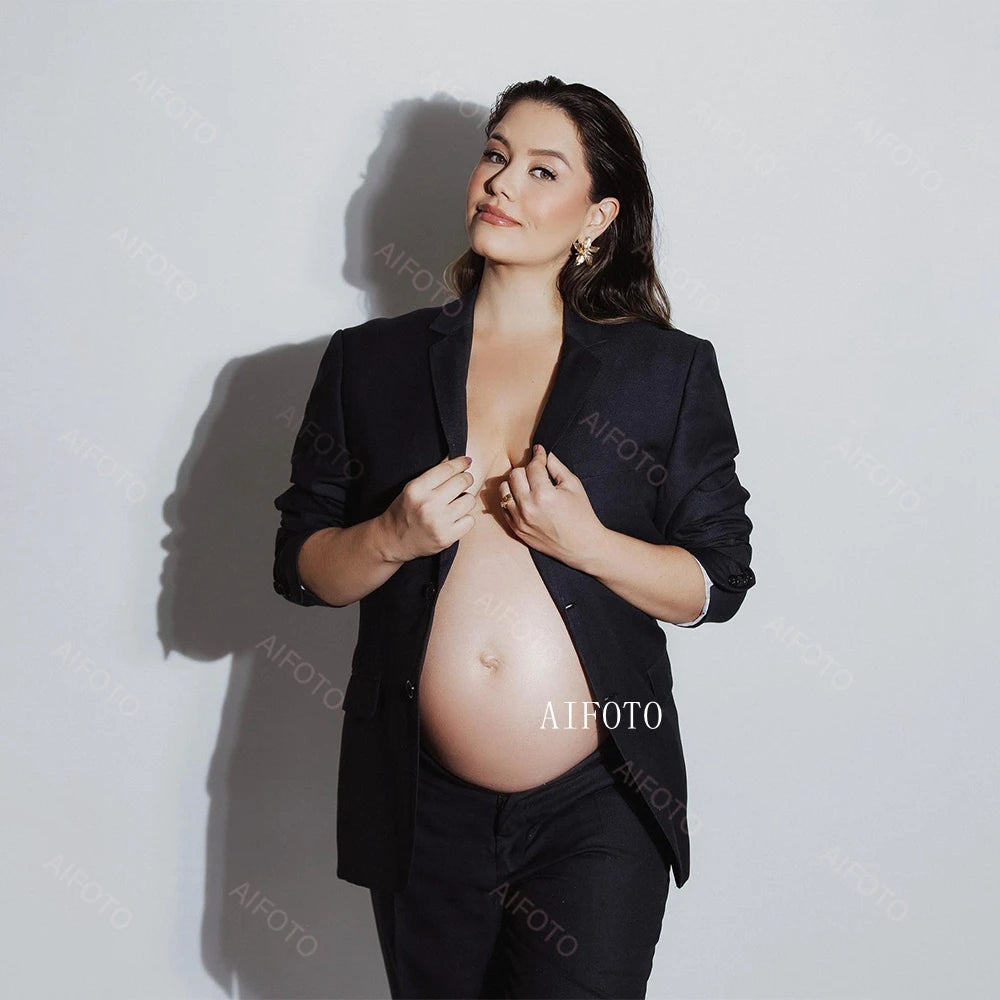 White OL Suit Maternity Photoshoot Outfit Suit Lace Up Long Sleeve Blazer Clothes Chic Chest Chain For Pregnant Women Photograph - Dhavinci