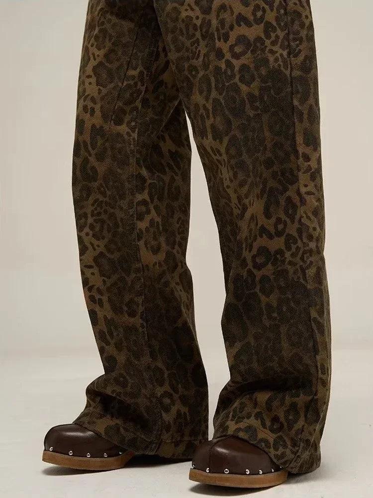 Tan Leopard Print Jeans for Women | Oversized Wide Leg Streetwear Denim - Dhavinci