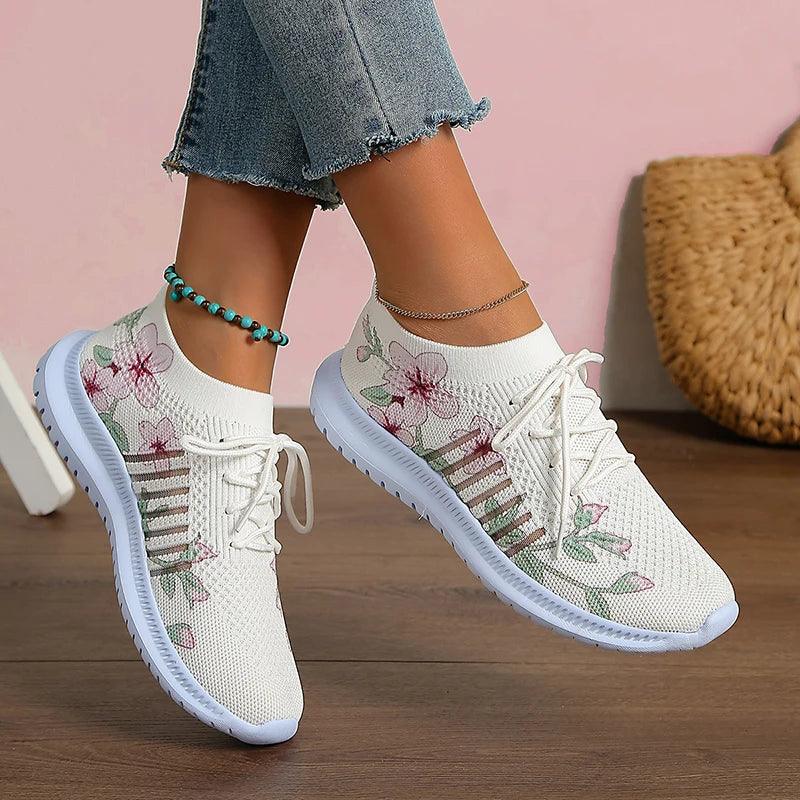 Printed Knitted Sneakers for Women | Lightweight Breathable Sports Shoes - Dhavinci