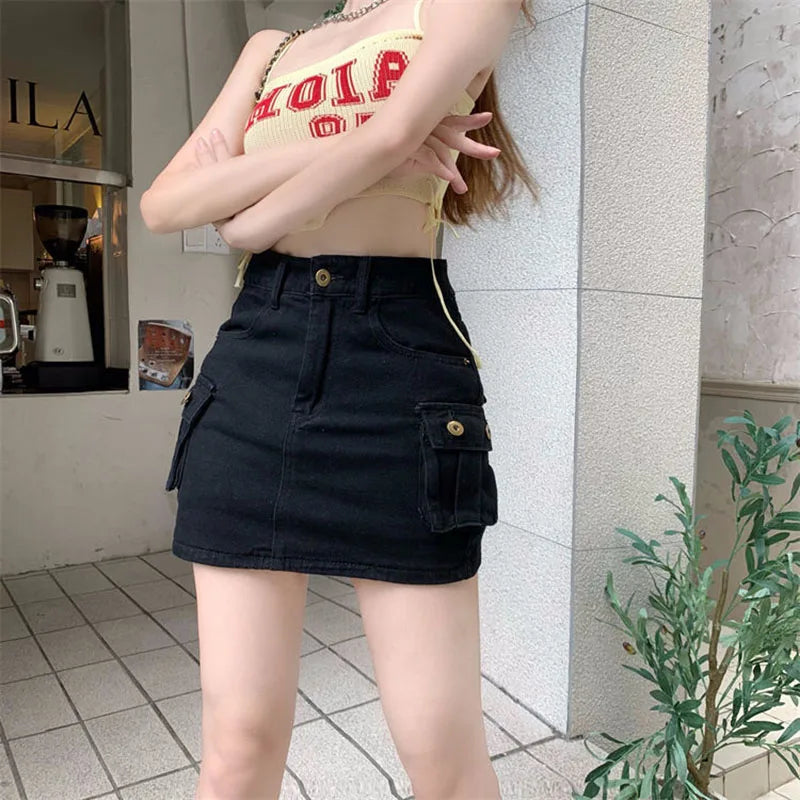 Summer Vintage Cargo Denim Skirts Women Harajuku High Waist Black Mini Skirt Woman Y2K with Pockets Button Jean Bag Hip Skirt - Dhavinci