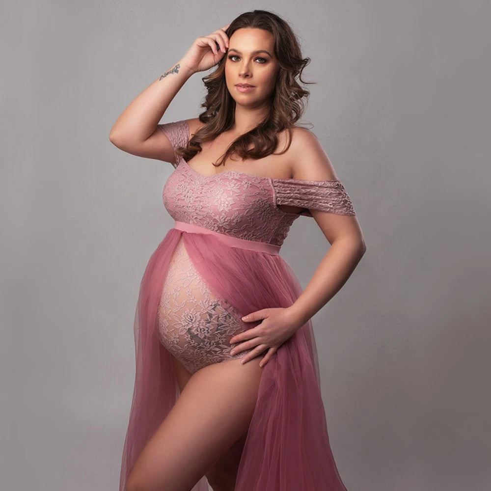 Maternity Photography Dresses Pregnancy Lace Bodysuit  Tulle Long Sides Slit With Flying Dress Pregnant Woman Photo Shoot Outfit - Dhavinci