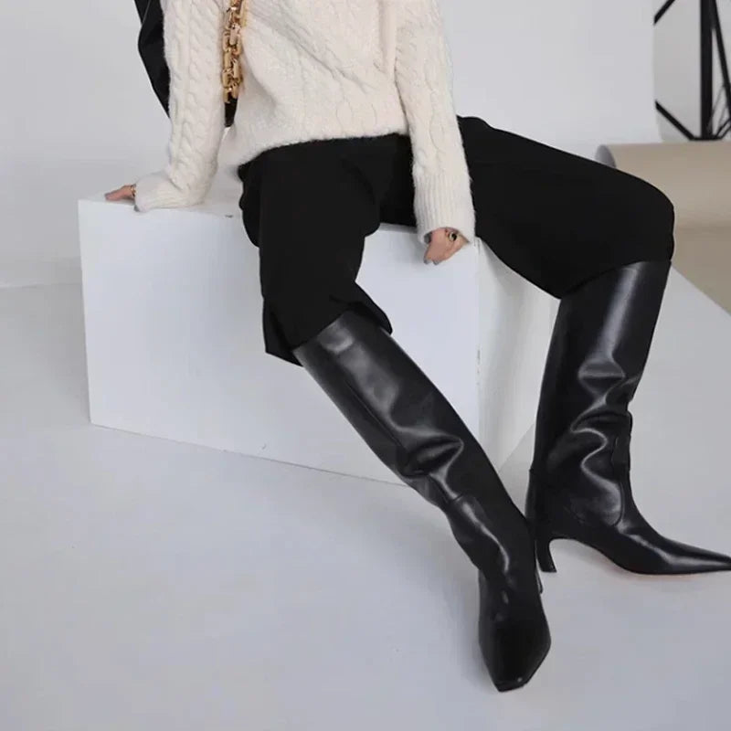 Women’s Knee Boots Real Leather Wide Calf Kitten Heel Fall Winter 2025 - Dhavinci