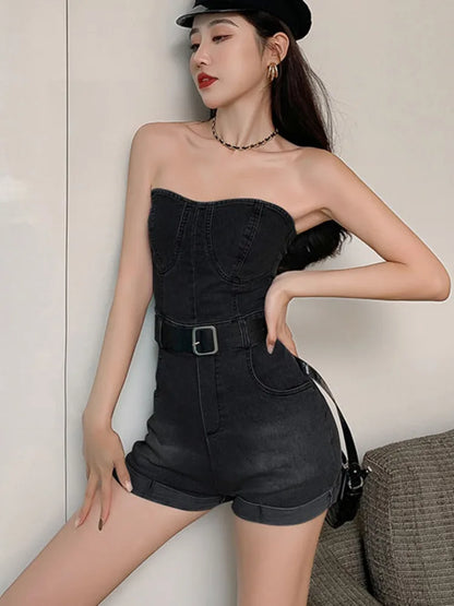 Off-Shoulder Denim Romper | Women’s Casual Wide-Leg Jumpsuit - Dhavinci