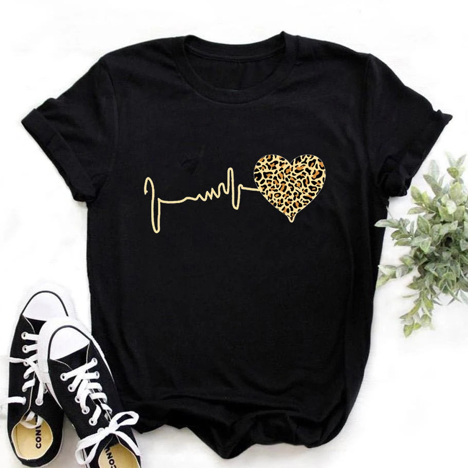 90's Leopard Heartbeat Graphic T-Shirt for Women | Harajuku Style - Dhavinci