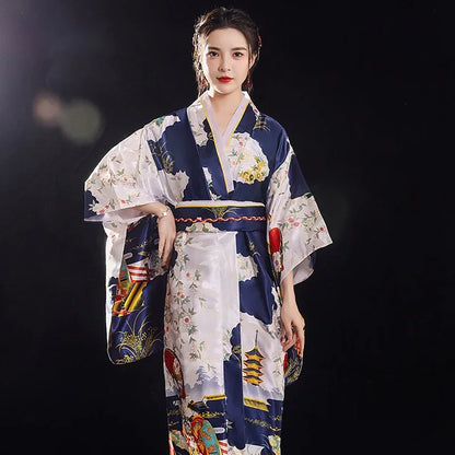 Japanese Traditional Kimono with Obi Yukata Print Flower Pajamas Women Silk Oversized Bathrobe Dress Vintage Stage Show Costume - Dhavinci