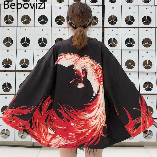 Bebovizi Japanese Style Flaming Phenix Print Cardigan Kimono Harajuku Women Men Sexy Yukata Female Streetwear Traditional Haori - Dhavinci