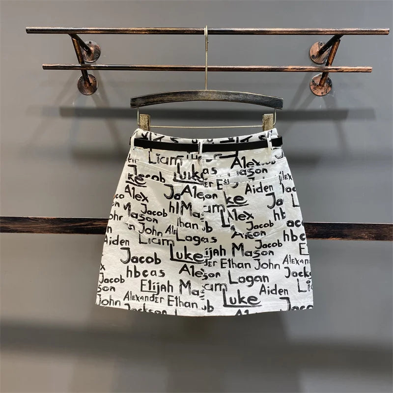 Denim Skirts Summer Spring Skirt Women Ladies Letters Graffit Print Young Ladies High Street Party Denim Skirts - Dhavinci