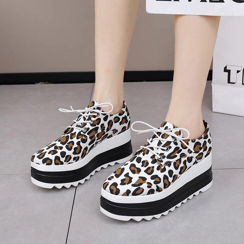 Leopard Print Platform Sneakers for Women | Chunky Bottom Lace-Up Shoes - Dhavinci