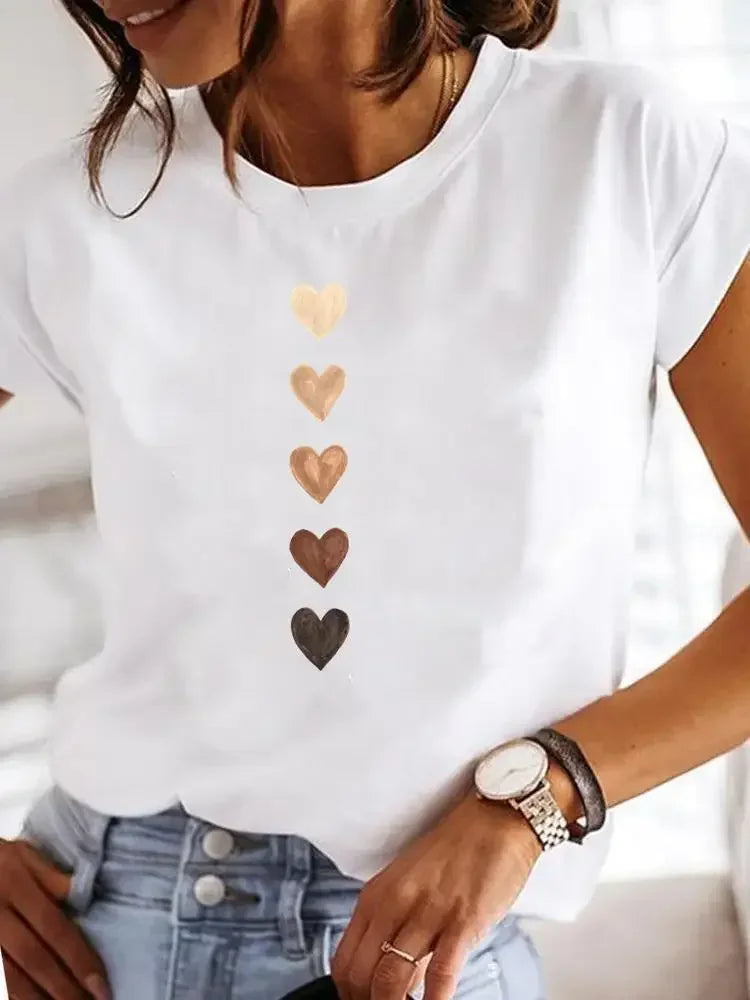 Casual Love Heart Graphic Tee for Women | Sweet Watercolor Summer Shirt - Dhavinci