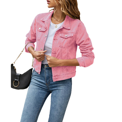 Women's Denim Jackets Fashion Female Casual Long Sleeve Lapel Solid Button Down Chest Pocket Slim Jean Jacket Fall Winter Coat - Dhavinci