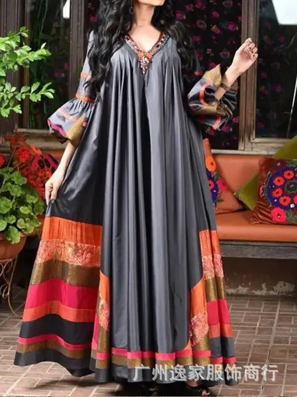 Vintage Printed Dress Women Breathable Loose Middle Eastern Robe Casual Long Sleeve Abaya V-neck Loose Muslim Abayas for Women - Dhavinci