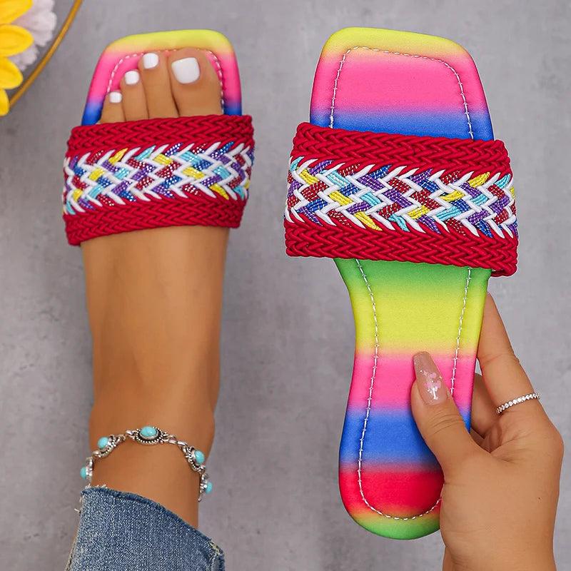 Mix Color Woven Flats | Women’s Bohemian Beach Slides - Dhavinci