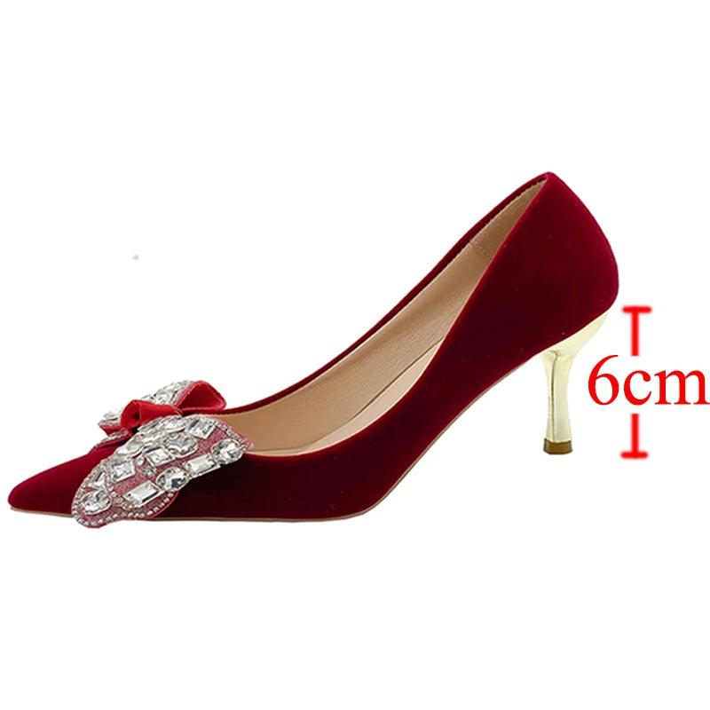 Red Bling Big Crystal Pumps - Bowtie Flock Wedding Party Shoes - Dhavinci