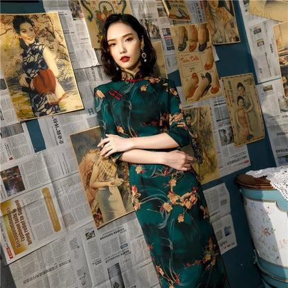 Old Shanghai Green Slim Cheongsam Spring Summer 2024 New Vintage Chinese Style Temperament Young Girl Short Sleeve Qipao Dress - Dhavinci