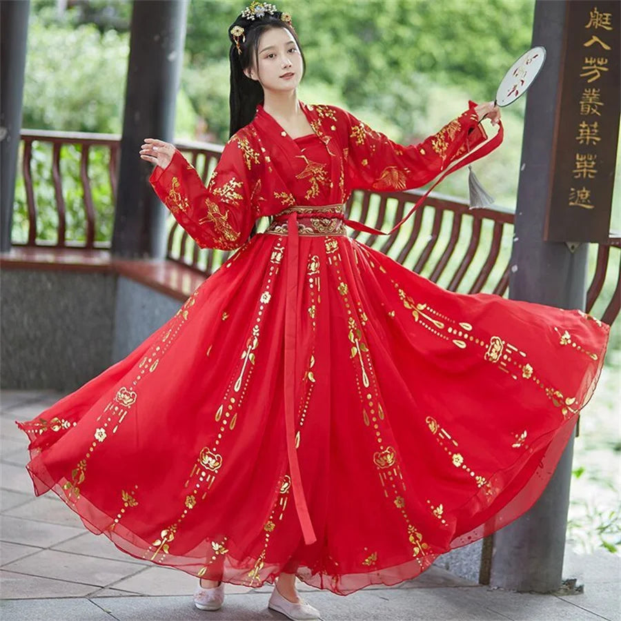 Chinese Hanfu Dress Women Traditional Vintage Hanfu Halloween Cosplay Costume Dance Dress Hanfu Gradient Red white 4pcs Sets - Dhavinci