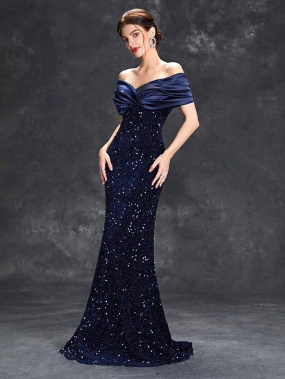 Mgiacy Line neck pleated tint sequin velvet fishtail Dress Evening Gown Ball dress Party dress Bridesmaid dress - Dhavinci