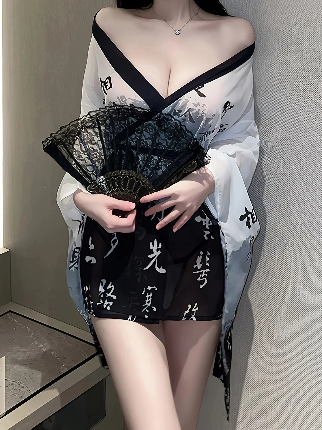 Japanese Kimono Women Sexy Lingerie Cosplay Pajamas See Through Mesh Nightgown Perspective Sleep Robe with Belt Nightwear - Dhavinci