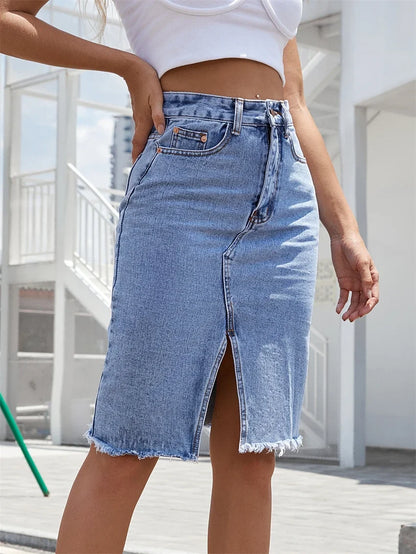 Denim Skirts For Women Jeans High Waist Frayed Raw Hem A Line Flare Skirt With Pockets Summer Wrapped Hip Skinny Slit Skirt - Dhavinci