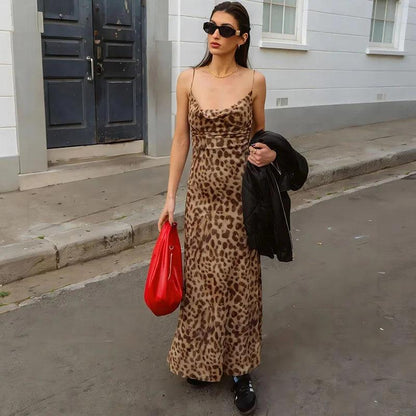 Vintage Leopard Print Spaghetti Strap Dress | Chic Backless Party Dress - Dhavinci