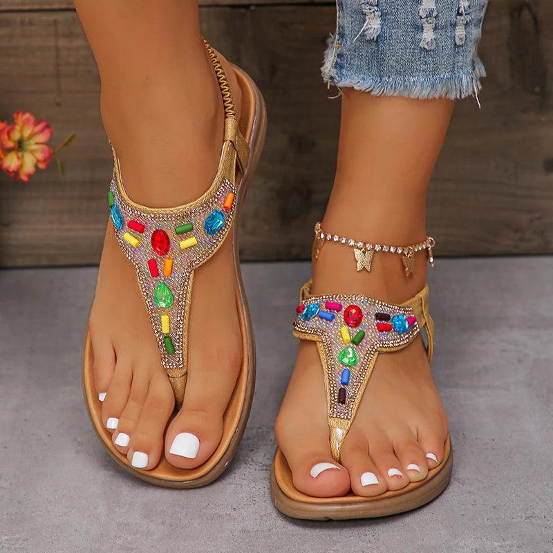 Crystal Women’s Sandals | Summer Clip Toe Bohemian Flat Sandals - Dhavinci