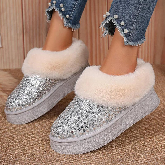 Faux Fur Non-Slip Snow Boots for Women | Bling Sequin Plush Winter Boots - Dhavinci