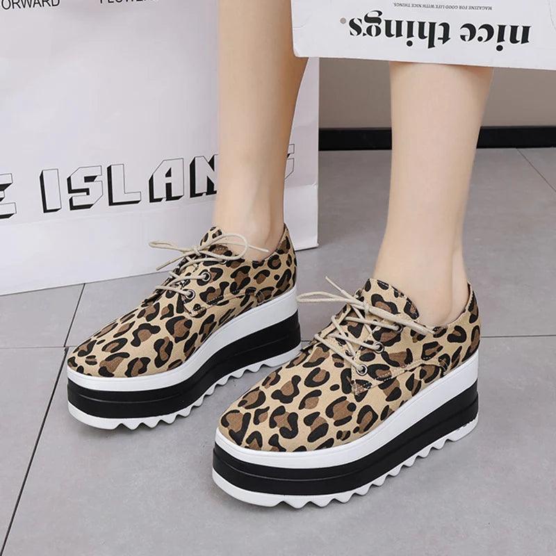 Leopard Print Platform Sneakers for Women | Chunky Bottom Lace-Up Shoes - Dhavinci