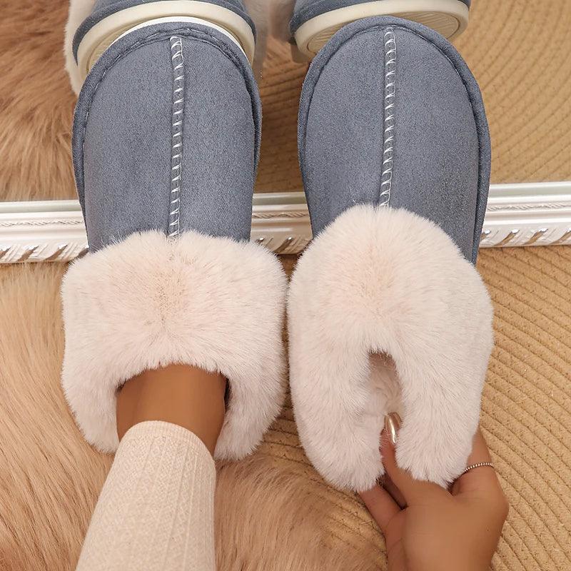 Winter Warm Plush Slippers for Women - Faux Fur Cotton Mules - Dhavinci