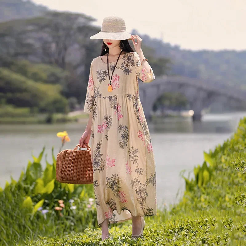 Elegant Comfortable Loose Streetwear Women Clothing Summer Dress for Women Fashion Casual Vintage Ethnic Style Clothes Print - Dhavinci