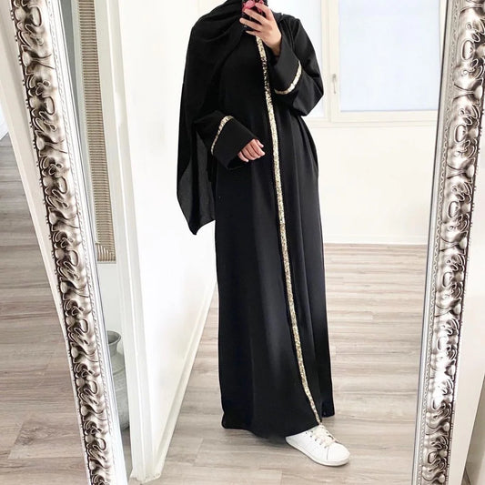 Casual Sequin Muslim Dress Women Solid Chiffon Kaftan Islamic Clothing for Women Arabian Dubai Abayas Vestido Longo Feminino - Dhavinci