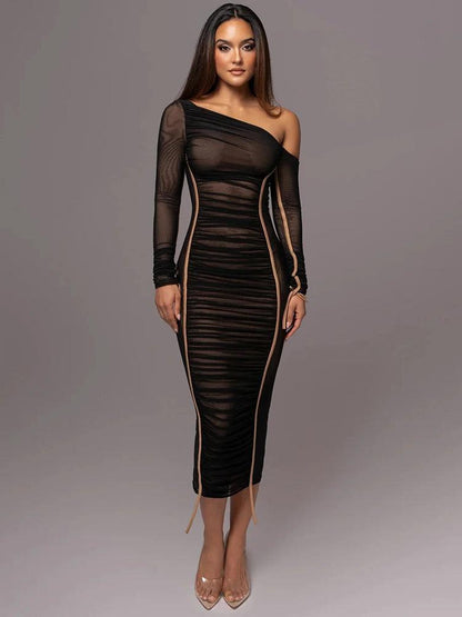 Diagonal Collar Long Sleeve Midi Dress | Backless Ruched Bodycon Party Dress - Dhavinci