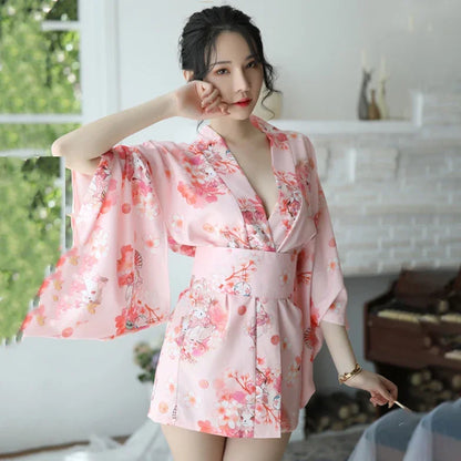 Sakura girl kimono dress Japanese style yukata bathrobe women floral print haori Japan uniform cosplay costume party short gown - Dhavinci