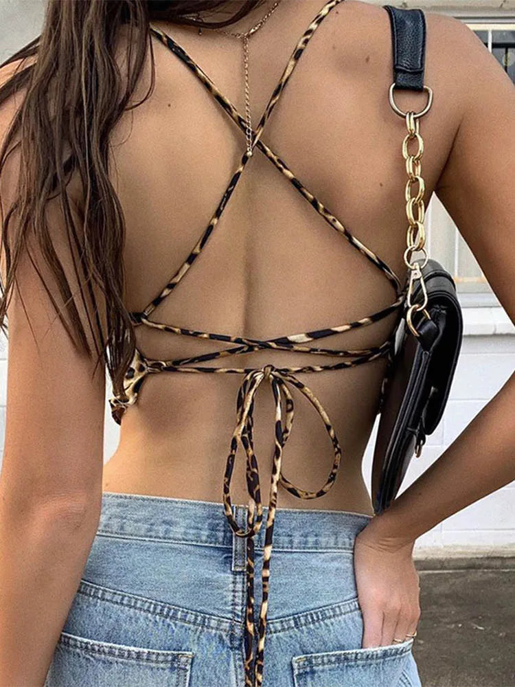 Leopard Pattern Women Tank Tops Backless Sexy Rave Outfits Sleeveless Cross Lace Up Bralette Crop Top Summer Streetwear - Dhavinci