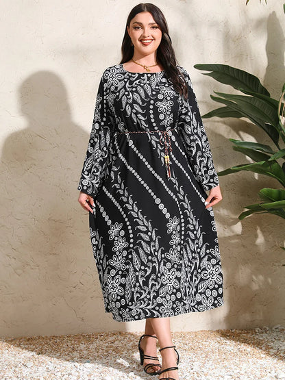 GIBSIE Plus Size Women Holiday Ethnic Print Long Sleeve Dress With Belt Female Casual Loose A-line Boho Long Dresses 2024 Spring - Dhavinci