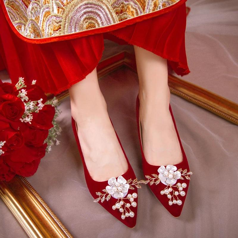 Spring Pearl Flower Wedding Shoes for Brides - Elegant Thin Heels - Dhavinci