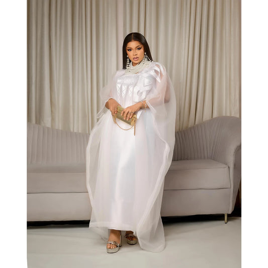 African Attire for Women | White Embroidered Plus Size Abaya - Dhavinci